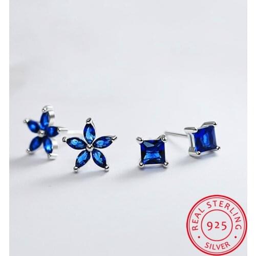 Charm Female Natural Blue Sapphire Earrings 925 Sterling Silver Wedding Earrings For Women Vintage Square Flower Stud Earrings