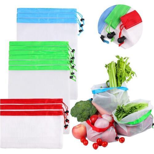 Fruit Net Bag Mesh Reusable Produce Bags for Supper Market Vegetable Fruit Storage Bags Drawstring Bags 6Pcs/lot Can Customized