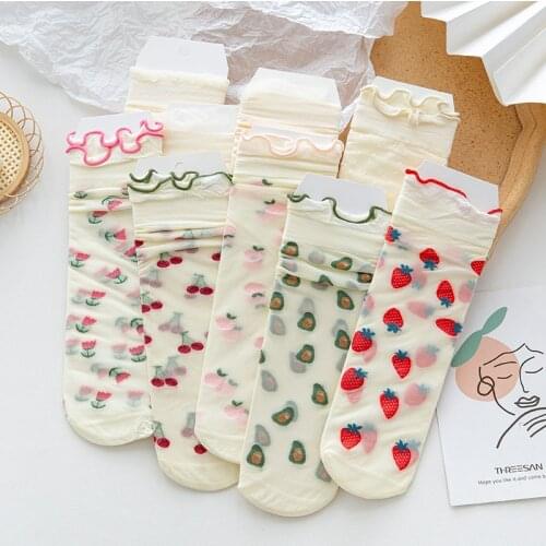 Sweet Fungus Socks Women Lolita Fruits Thin Socks Girls Harajuku Strawberry Avocado Short Socks Ankle Female Dress Calcetines