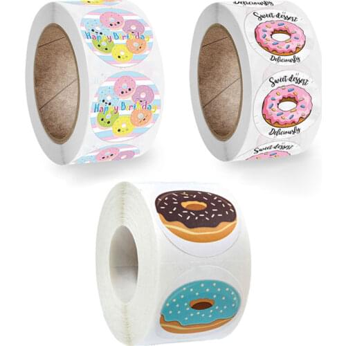 500pcs Stylish Donut Stickers For Cake Bread Cookie Bakery Baking Wrapping Adhesive Sticker Kids Happy Birthday Party Supplies