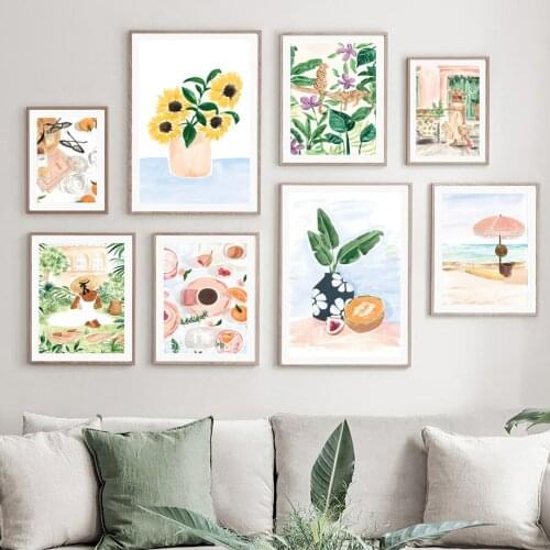 Tropical Beach Girl Wall Art Vintage Vase Plant Food Posters and Prints Boho Canvas Painting Book Pictures for Living Room Decor