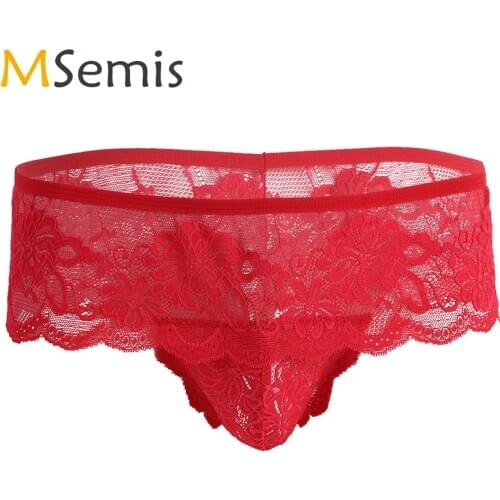 Mens Gay Lacework Lingerie Hot Sexy Open Butt See Through Lace Floral Sissy Pouch G-string Bikini Briefs Underwear Homme Panties