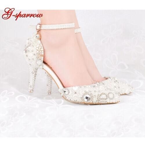 2019 Summer Sandals White Pearl Wedding Dress Shoes Pointed Toe Princess High Heels with Buckle Straps Girl Adult Ceremony Pumps