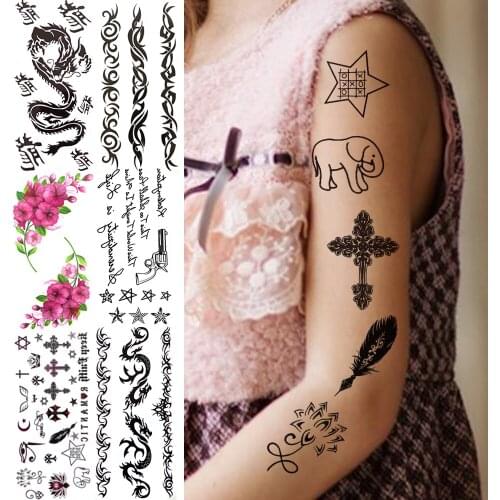 Black Cross Temporary Tattoos For Women Adults Men Kids Realistic Star Elephant Lotus Dragon Fake Tattoo Sticker Arm Tatoos