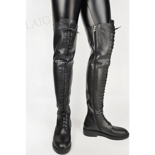 LAIGZEM Quality Women Over Knee High Boots Wide Claf Friendly Low Heels Boots Zip Up Unisex Shoes Woman Botas Size 33 38 39 43