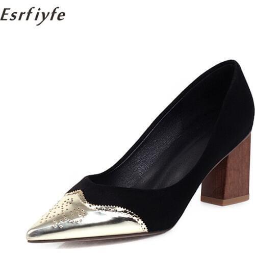 ESRFIYFE 2020 Women Pumps Black High Heels 7cm Lady Patent Leather Thick with Autumn Pointed Single Shoes Female Big Size 34-43