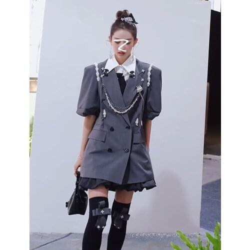 Summer Fashion Korean Style Pearl Chain Short-sleeved Suit Female Luxury Pure Color Decorative Double-breasted Casual Blazer