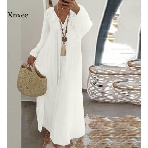 White Bohemian Women Long Dress Maxi Dress Summer Casual Loose Ruffles Party Vestidos Sexy V Neck Lantern Sleeve Lace Plus Size