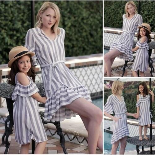 Family Matching Clothes Women Kid Girl Striped Cold Shoulder Jumper Dress Summer Striped Dresses