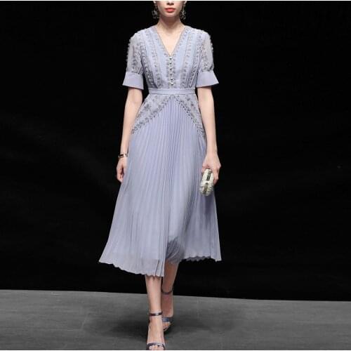 Vintage Purple Lace Patchwork Chiffon Long Dreses for Women Summer 2021 Elegant V-neck Draped Pleated Maxi Dress