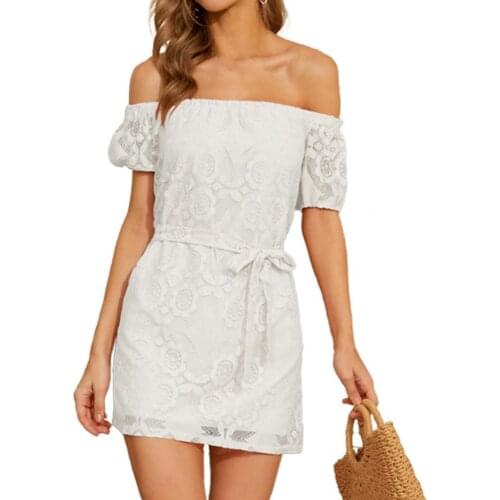 2021 Women Party Dress Off Shoulder Lace Sexy Strapless Short Sleeve Belt Dress for Daily Wear Elegant Prom Vestidos