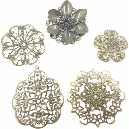10Pcs Mixed Bronze Tone Round Alloy Filigree Wraps Flower Hollow Connectors Bag Decoration DIY Findings