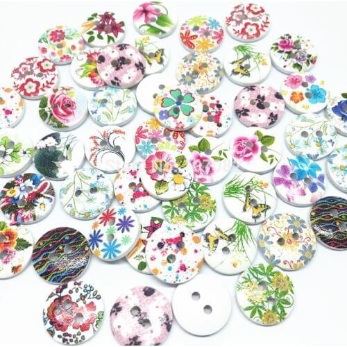 100pcs 15mm Wooden Sewing Buttons Mixed Flower Florals Painted 2 Holes DIY Sewing Button Embellishments Crafts