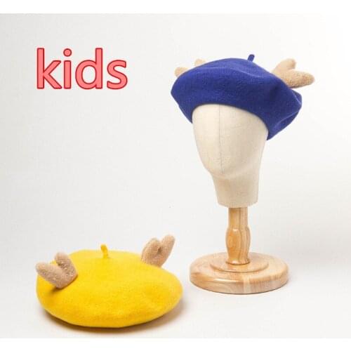 202004-HH0028 new Lovely antlers Thin wool kids beret cap children leisure painter hat