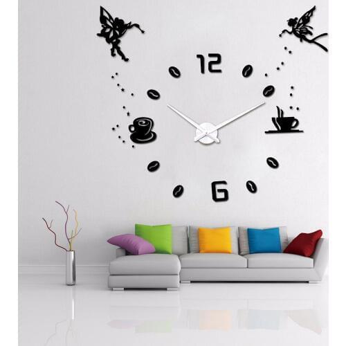 3D Large Wall Clock Modern Design Big Silent Coffee Cup Wall Clocks for Living Room Decor Self adhesive DIY Angel Wall Stickers