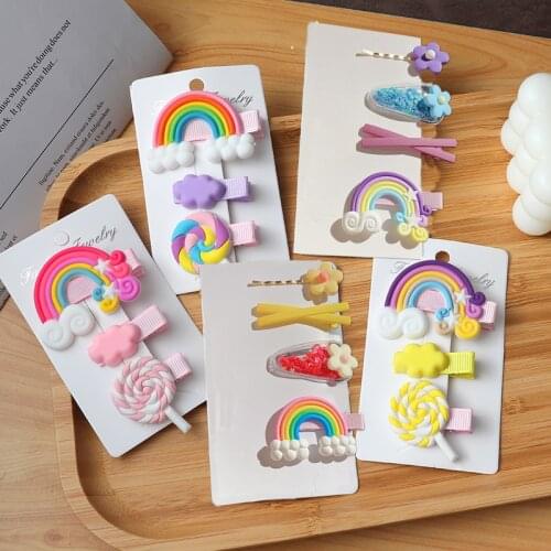 4Pcs/Set Candy Girls Cute Rainbow Clouds Flower Hairpins Kids Sweet Hair Clips Barrette Hair Ornament Baby Hair Accessories