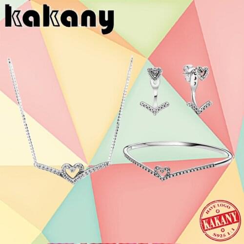 Kakany 2021 Valentines Day New High Quality 100% 925 Silver Wishbone Heart Bangle, Necklace, Earring Set, Fashion Jewelry