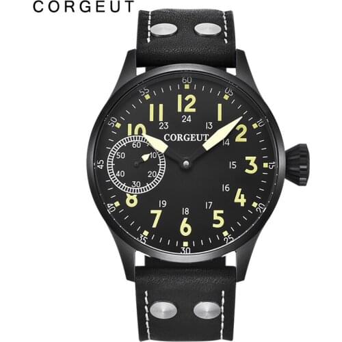 CORGEUT 2021 Luxury Brand Watch Black Case Mechanical Manual Winding Watch Seagull Movement Fashion Leather Sports Luminous Men