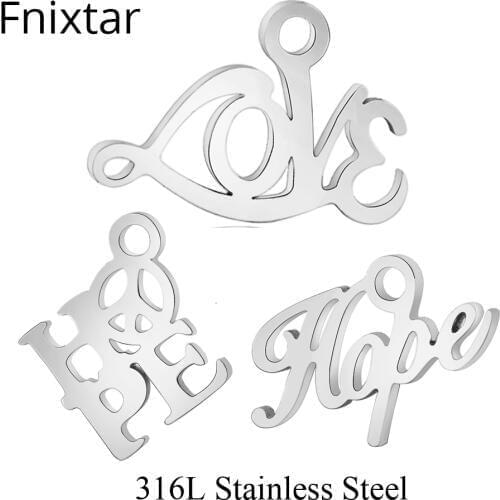 Fnixtar 50pcs/lot Fashion Stainless Steel Hollow Hope Love Letter Mini Charms Pendants For Women Jewelry Accessories DIY Charms