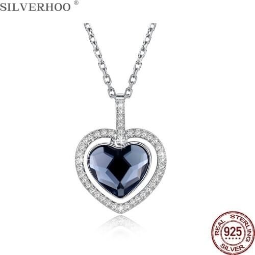 SILVERHOO 925 Sterling Silver Pendant Necklace For Women Blue Heart Shape Austria Crystal Necklace Party Fine Jewelry Trend 2021