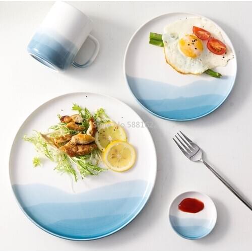 Mountain Scenery Ceramic Dinner Plate Big Round Dessert Cake Plate Square Steak Pizza Dish Restaurant Kitchen Tableware Set