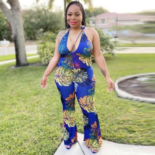 L-4XL Plus Size Leaves Print One Piece Overall Women Sexy Halter Neck Backless Bell Bottom Romper Summer Bohemian Flare Outfits