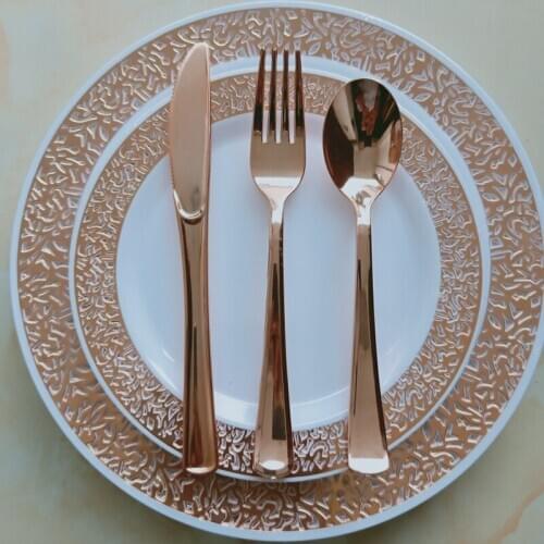 LBER 1 Sets of Rose Gold Disposable Tableware Set Cup Plastic Plate Table Knife Wedding Banquet Supplies