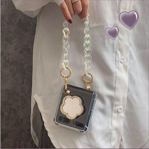 Fashion Diamond Flower Mirror Bling Crystal Hand Chain Bracelet Case For Samsung Galaxy Z Flip 5G Shockproof Transparent Cover