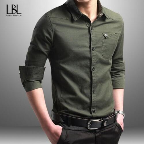 Mens Long Sleeve Solid Casual Shirt Male Fashion Cotton Front Patch Chest Pocket Regular-Fit Button-Down Collar Shirts New 2021