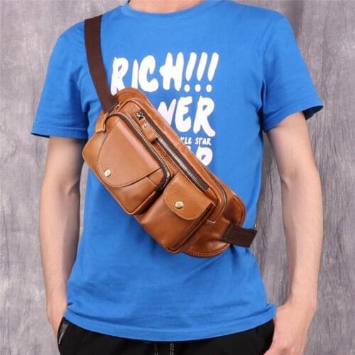 Cow Leather Men Messenger Bag Crossbody Bag Mens Handbag Men Chest Bag Male Shoulder Bag Outdoor Sports Mobile Phone Waist Bag