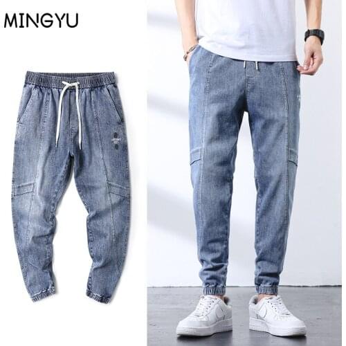 2021 Spring Summer Mens Jeans Cotton Denim Hip Hop Slack Bottom Joggers Streetwear Skinny Blue Pants Hombre Harem Trousers Male