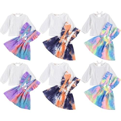 1-6T Kids Toddler Girls Outfits Sets White Long Sleeve T Shirt Top Tie Dye Suspender Skirt 2Pcs Clothes Sets for Children Spring