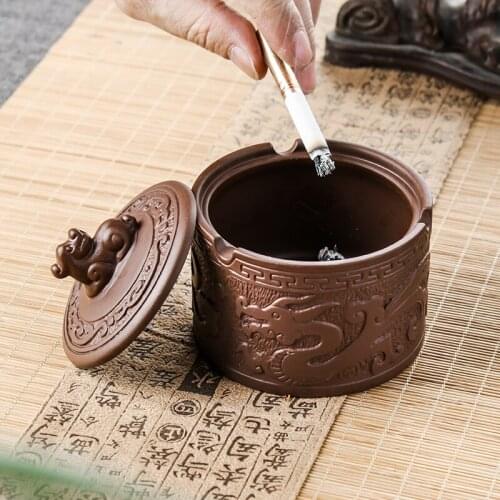 Purple Sand Ashtray with Cover Dragon Phoenix Small Ceramic Fashion Ashtray Creative Personalized Living Room Hotel Ashtray