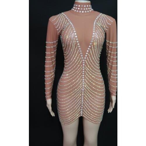 AB Color Rhinestone Transparent Dress Birthday Show Costume Women Dance Sexy Stretch Outfit Prom Party Short Dress