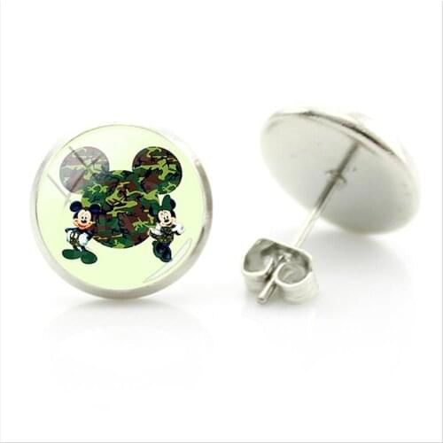 Disney Minnie Camouflage Art Pendant Earrings Handicraft Fashion Earrings Round Glass Cabochons Cute And Interesting Jewelry