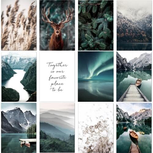 Nordic Green Mountains River Marble Emerald Boat Aurora Reed Foggy Forest Elk Living Room Decoration Canvas Painting Poster