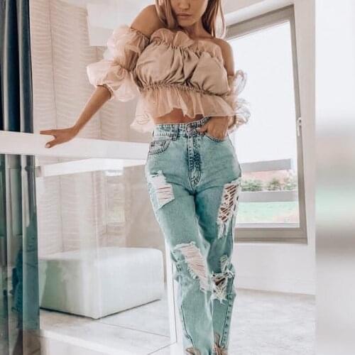 Sexy Pink Blouses Shirts Lantern Sleeve Women Transparent Mesh Off Shoulder Summer Blouse Ruffle Backless Strapless Blusa Cotton