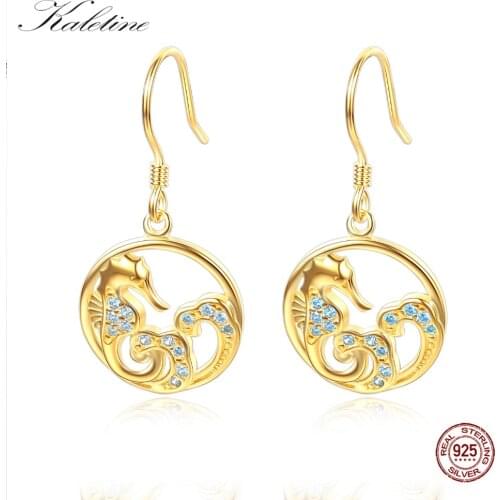 Kaletine Solid 925 Sterlng Silver Zodiac Dragon Earrings For Women Blue CZ Chinese Drop Earrings 2018 Yellow Gold Luxury Jewelry
