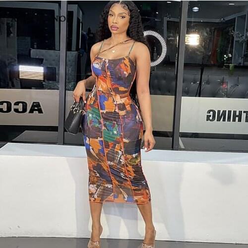 ANJAMANOR Sexy Backless Bodycon Long Dress Party Night Club Outfits Fashion Print Colorful Dresses for Women 2021 D15-BD15