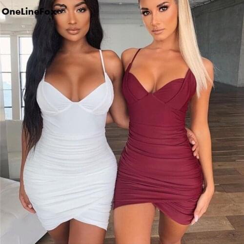 OneLineFox Bodycon Party Sexy Dress Women White Black Backless Ruched Spaghetti Strap Off Shoulder Mini Club Women Summer Dress