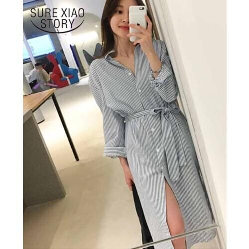 Elegant Casual Striped Shirt Blouse Wasit Belt 2021 Plus Size Women Dress Spring Ladies Loose Midi Dress Single Breated 8777 50