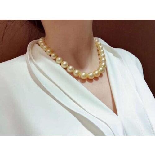 D717 Pearl Necklace Fine Jewelry Round 10-11mm Nature Fresh Water Golden Pearls Necklaces for Women Presents