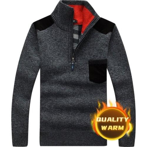 Winter Mens Turtleneck Sweater Half Zip Fleece Knitted Wool Pullover Long Sleeve Pocket Casual Male Thick Clothing for Autumn
