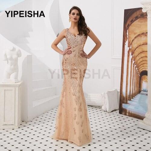 2021 Luxury Glittery V-Neck Mermaid Evening Dresses Backless Crystal Beading Sequined Formal Prom Party Gown robes de soirée