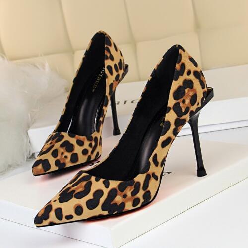 BIGTREE High Heels Leopard Shoes Women Pumps Office Lady Pointed Toe Flock Sexy Wedding Shallow-mouthed Pointed Suede Heels