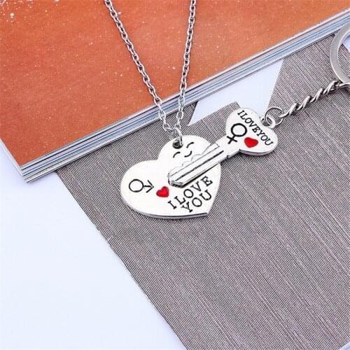 Fashion Heart Key Couple Necklace Silver Color Lovers Love Key Chain Valentines Day Gift Couple I Love You Letter Keychain
