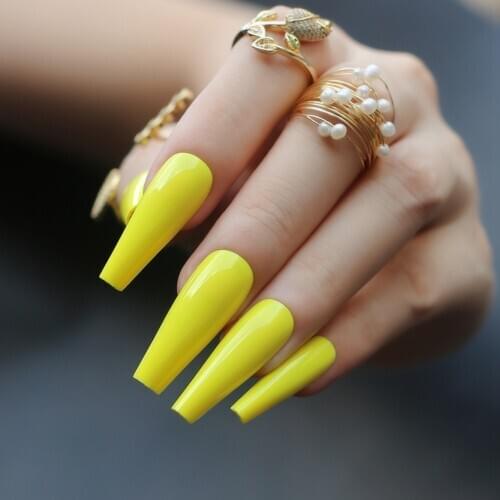 Long Luxury Coffin Neon yellow UV Acrylic nails Nude salon Extra gel fasle nails white