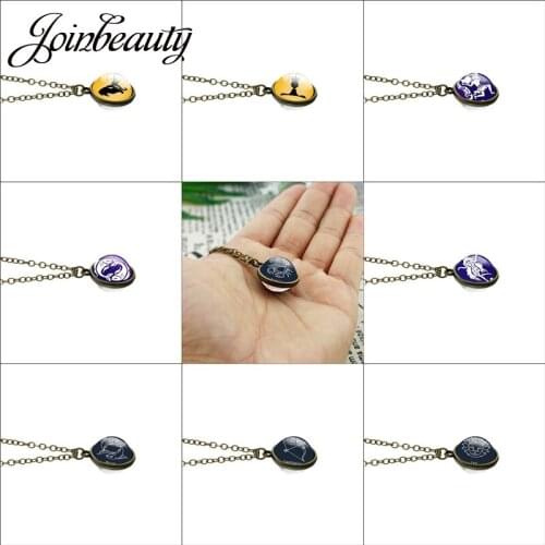 JOINBEAUTY 12 Zodiac Double Sided Pendant Necklace Pisces Libra Handmade Glass Pendant Art Picture Necklaces