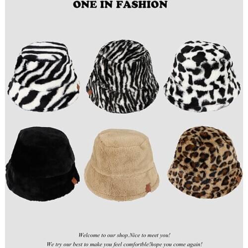 PHABULS Zebra Print and Leopard Print Plush Retro Fisherman hat Autumn and Winter Thick Warm Hat Cap for Women