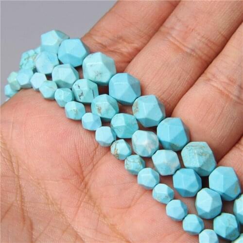 Faceted Blue Turquoises Stone Spacers Loose Beads DIY Bracelet Necklace Charms for Jewelry Making Finding 15" Strand 6 8 10MM